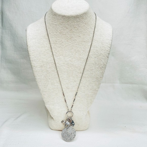 Skinny Charm Necklace Silver Tone Matinee Chain Rolo Long & Short Links - Picture 1 of 7